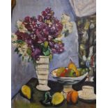 After George Leslie Hunter, oil on board still life of flowers and fruit on the table top, bears