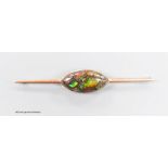 A yellow metal and navette shape opal doublet? set bar brooch, 86mm, gross weight 10.3 grams.