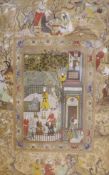 Persian school, gouache and ink on paper highlighted with gold, figures in a courtyard, figures in