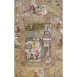 Persian school, gouache and ink on paper highlighted with gold, figures in a courtyard, figures in