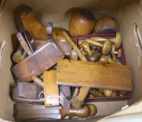 Various woodworking tools to include bradels, plumbers lines, collection of planes and wooden items