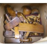 Various woodworking tools to include bradels, plumbers lines, collection of planes and wooden items