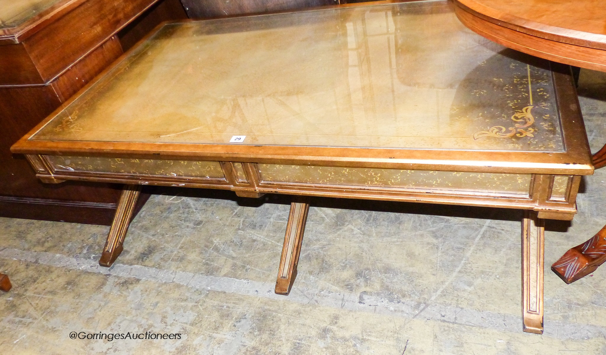 An Italian style gilt and glass 'X' frame coffee table fitted end drawers, length 132cm, depth - Image 2 of 6