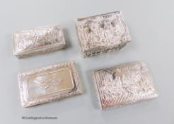 Three early 20th century German 800 standard white metal snuff boxes and one other continental