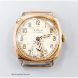 A gentleman's early 1840's 9ct gold Rotary Super-Sports manual wind wrist watch, no strap, case