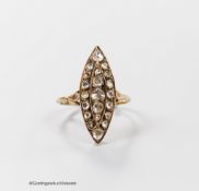 An antique continental yellow metal and rose cut diamond cluster set marquise shape dress ring,