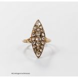 An antique continental yellow metal and rose cut diamond cluster set marquise shape dress ring,