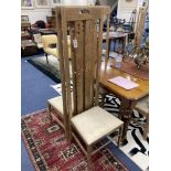 A set of six Macintosh style oak high back dining chairs. H-151cm.