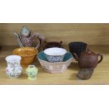 A Chinese small famille rose vase, a similar bowl, a Chinese eight trigrams bowl, Yixing teapot,