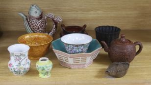 A Chinese small famille rose vase, a similar bowl, a Chinese eight trigrams bowl, Yixing teapot,