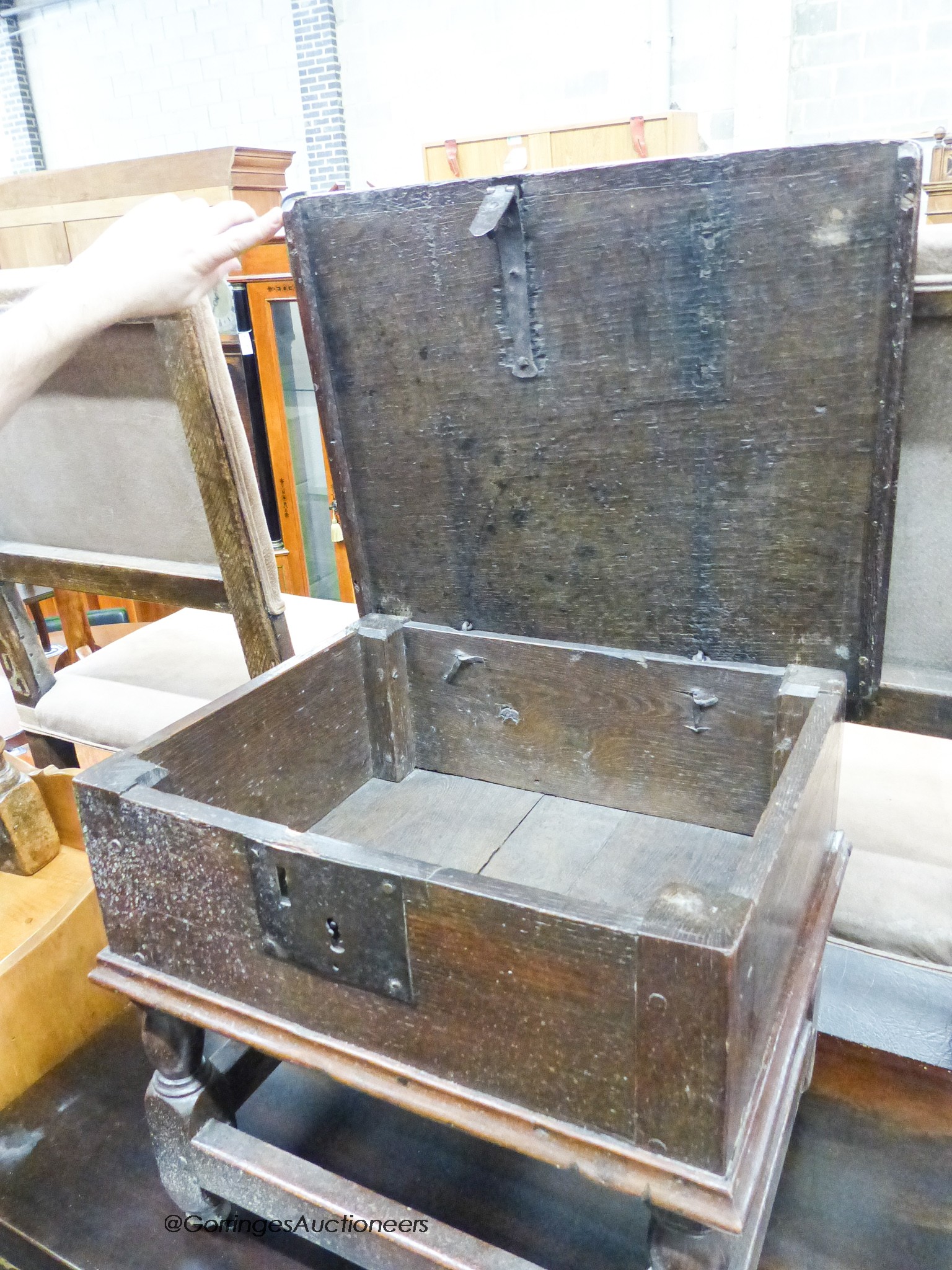 A 17th century oak box stool with hinged rectangular seat, width 46cm, depth 38cm, height 42cm - Image 3 of 3