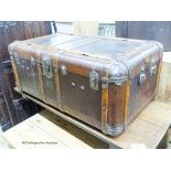 A vintage wood bound travelling trunk, length 102cm, depth 60cm, height 43cm