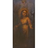 19th century English school, oil on canvas, The Annunciation, 112 x 56 cm, unframed.