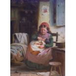 E. S. Grigg (19th C), oil on canvas, Cottage interior with mother and child, signed, 19 x 14cm.