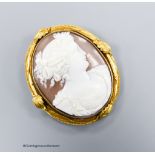 A late Victorian yellow metal mounted oval cameo shell brooch, carved with the bust of a lady to