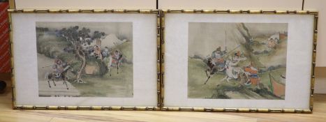 Two faux bamboo framed Japanese silk paintings,