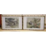 Two faux bamboo framed Japanese silk paintings,