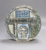A Troika wheel vase of Aztec design by Linda Taylor, blue-grey colourwayH 20cm