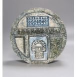 A Troika wheel vase of Aztec design by Linda Taylor, blue-grey colourwayH 20cm