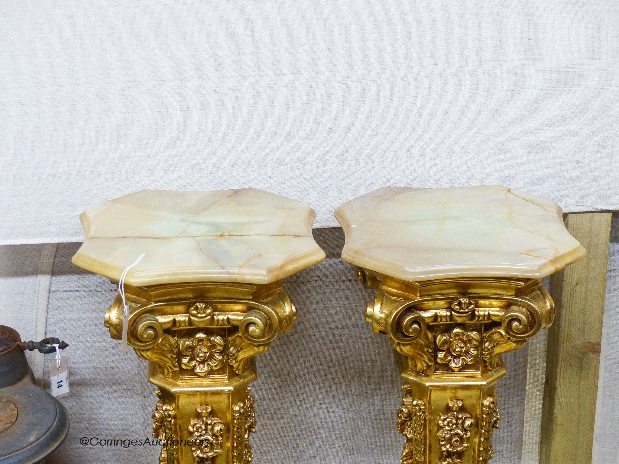 A pair of onyx top gilt pedestals, height 98cm - Image 2 of 3