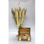 A Victorian brass mounted walnut tea caddy and a brass novelty stick stand, height 65cm