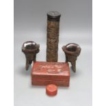 A Chinese carved wood perfume holder, two horn tripod vessels, a cinnabar lacquer box and cover and