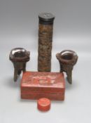 A Chinese carved wood perfume holder, two horn tripod vessels, a cinnabar lacquer box and cover and