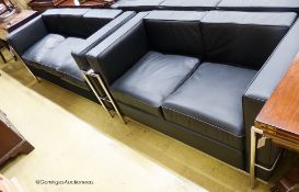 A Corbusier style black leather and chrome three seater and two seater settee, larger length 180cm,