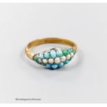 A yellow metal and graduated turquoise and seed pearl set three row half hoop ring, size R, gross