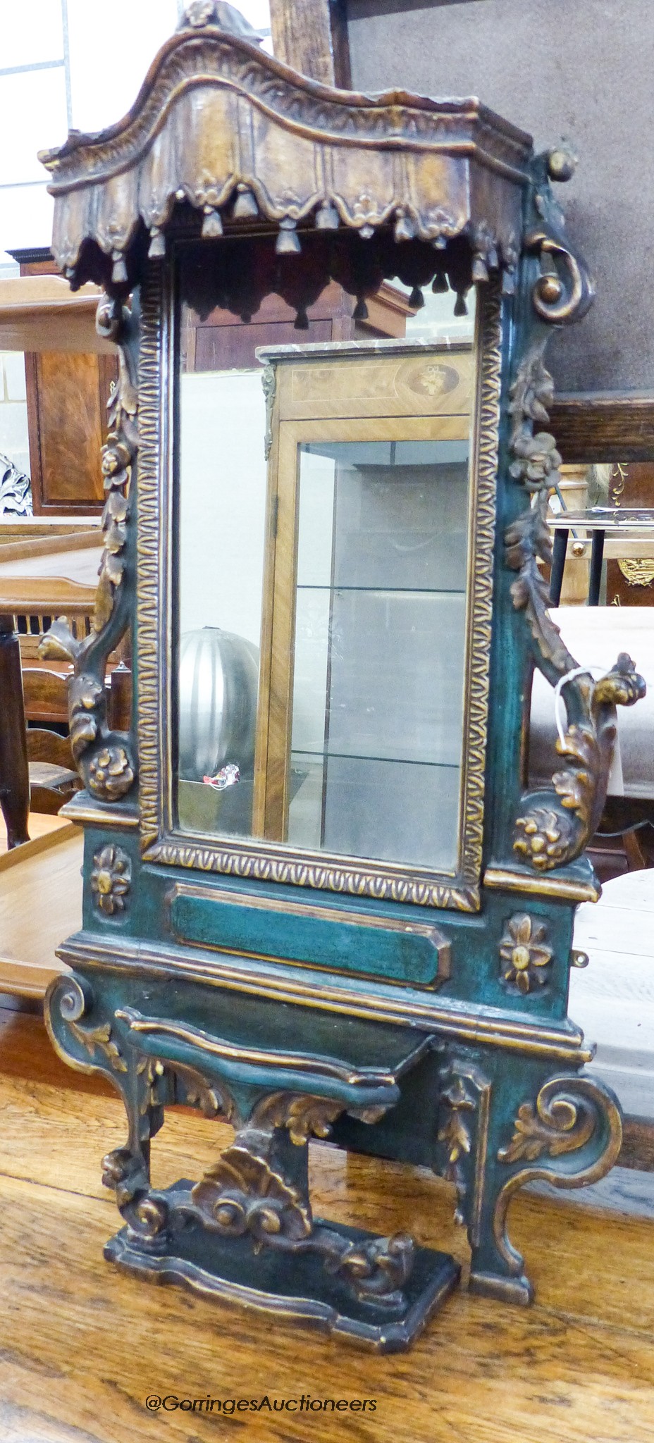 An Iberian green-painted and parcel-gilt rectangular wall mirror,foliate-carved and pierced and - Image 2 of 4