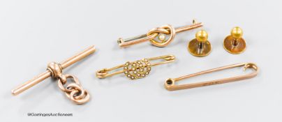 Two 9ct bar brooches and a9ct gold T-bar, gross 8.2 grams, a yellow metal and seed pearl bar