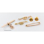 Two 9ct bar brooches and a9ct gold T-bar, gross 8.2 grams, a yellow metal and seed pearl bar