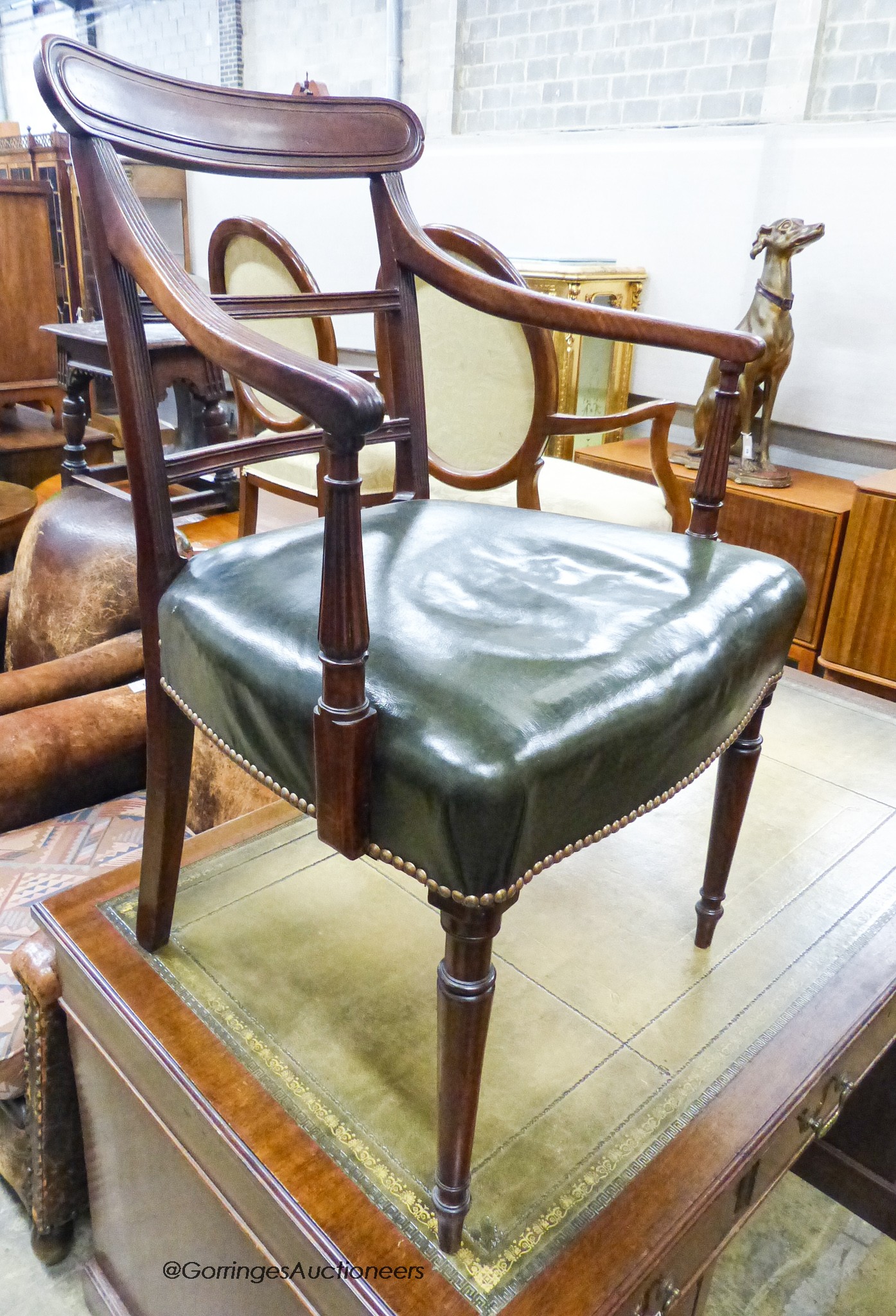 An Edwardian mahogany pedestal desk, length 138cm, depth 75cm, height 74cm together with a George - Image 4 of 4