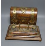 A 19th century domed brass mounted tea caddy, 23 x 18cm and a two bottled ink stand