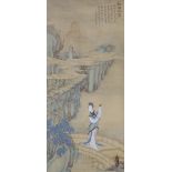 A large Chinese watercolour on silk, late 19th/early 20th century, woman in a landscape, signed, 91