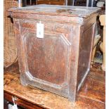 An 18th century oak cupboard of small proportions with rectangular hinged lid, width 43cm, depth
