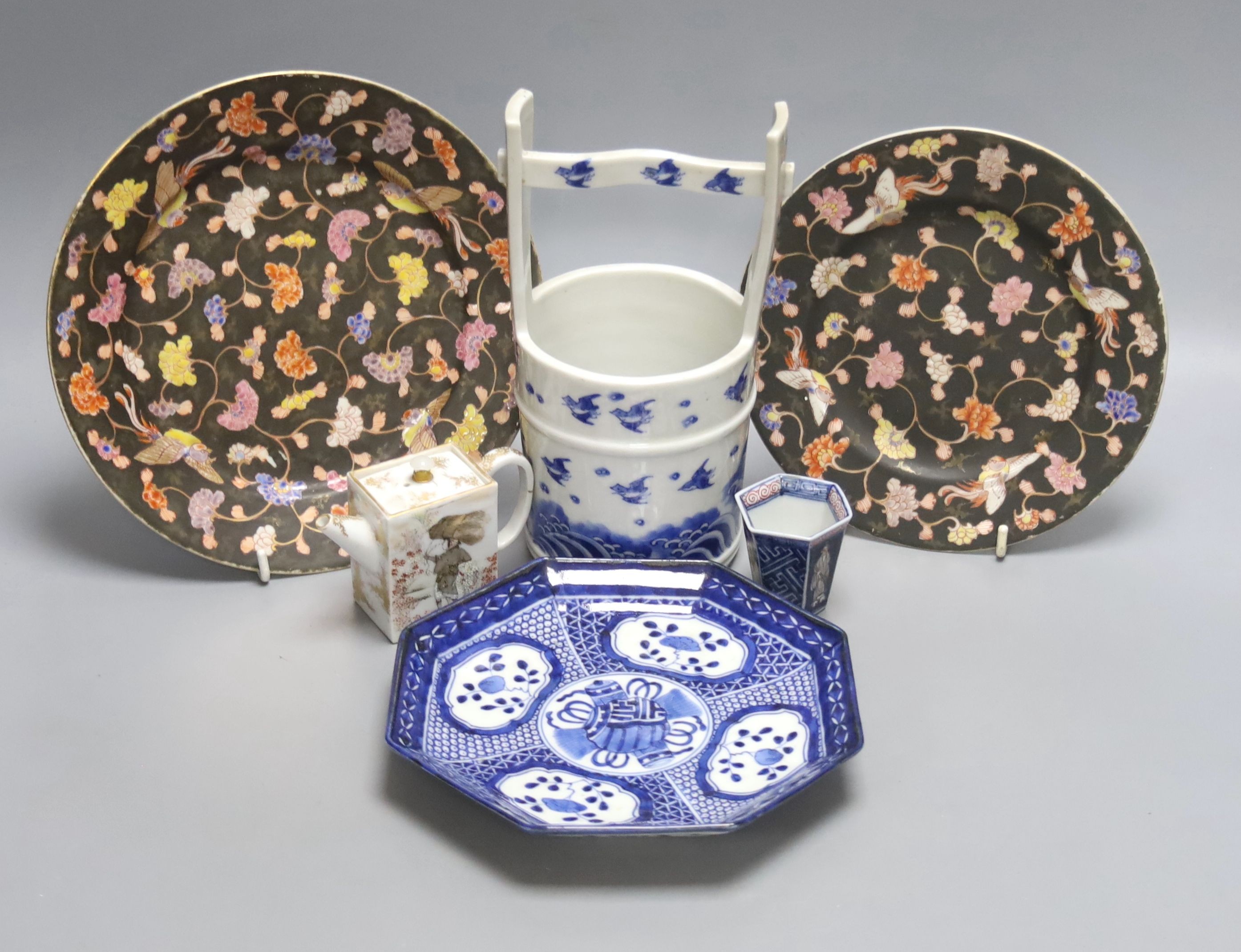 Two Fukagawa Koransha plates, a Kanzan Denshichi rectangular water dropper, a Japanese blue and