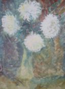 E.P-B, oil and watercolour on paper, Still life of chrysanthemums in a vase, initialled, 56 x 42cm.