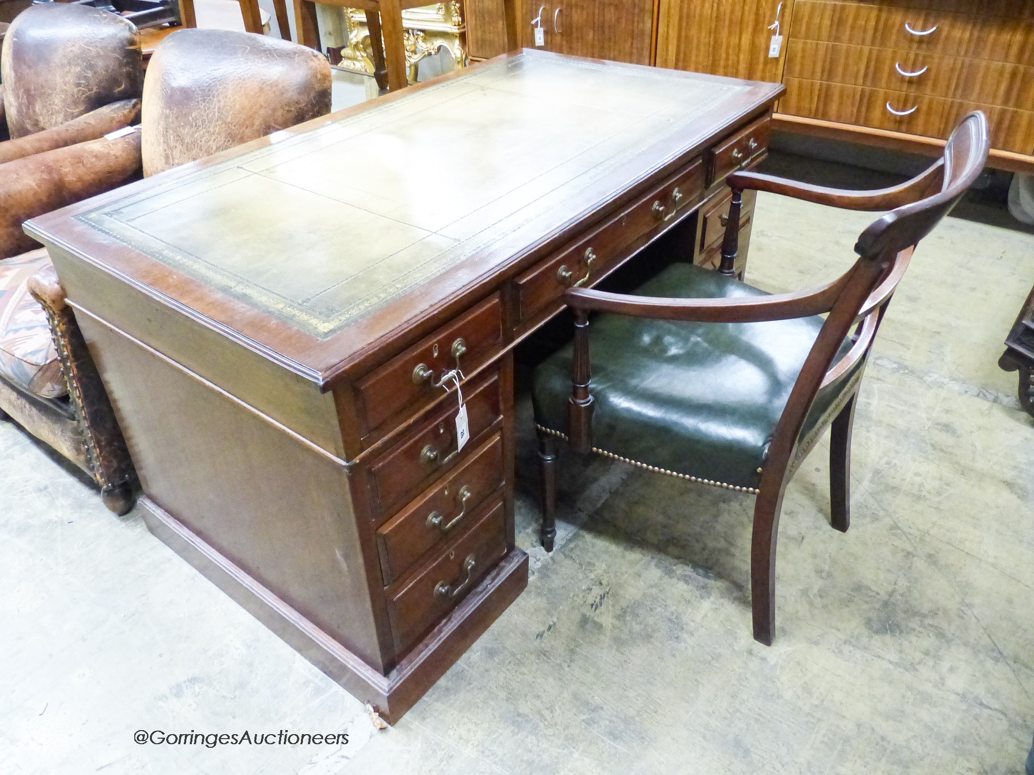 An Edwardian mahogany pedestal desk, length 138cm, depth 75cm, height 74cm together with a George - Image 2 of 4