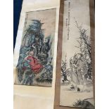 Two Chinese scroll paintings on paper, 20th century, depicting a Luohan in a cave and a scholar