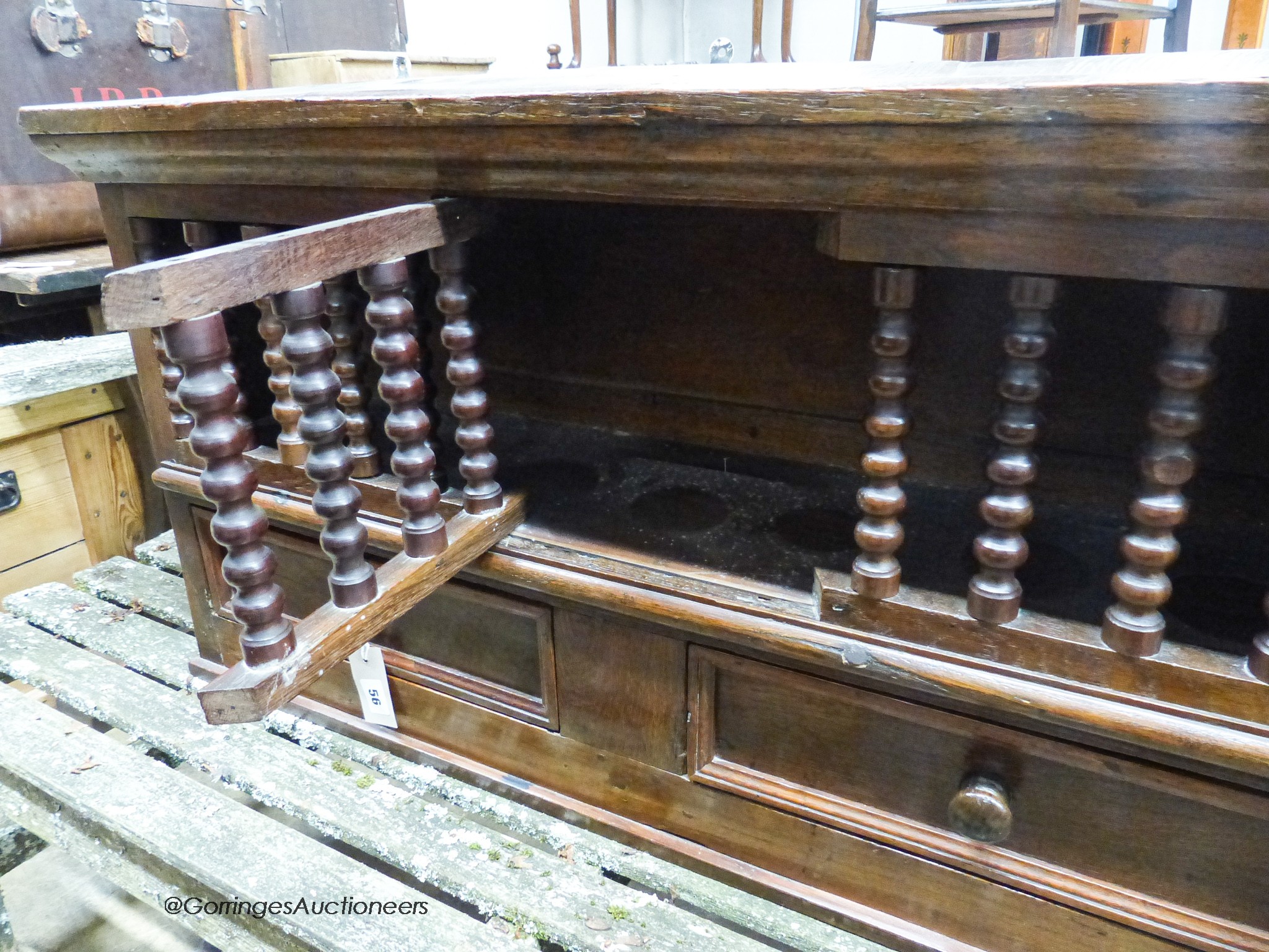 An 18th century and later oak, beech and walnut hanging food cupboard,having spindle front with - Image 3 of 3