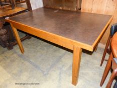 A mid century design Moss & Co rectangular oak writing table circa 1960, length 156cm, depth 95cm,