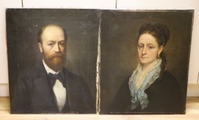 19th century Continental school, pair of oils on canvas, portrait of a lady and gentlemen, 61 x 50