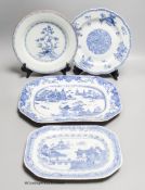 Two 18th century Chinese circular export plates and two canted rectangular dishes, 32 x 23cm