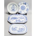 Two 18th century Chinese circular export plates and two canted rectangular dishes, 32 x 23cm