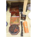 A group of Chinese or Japanese lacquer boxes and a wood stand