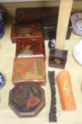 A group of Chinese or Japanese lacquer boxes and a wood stand