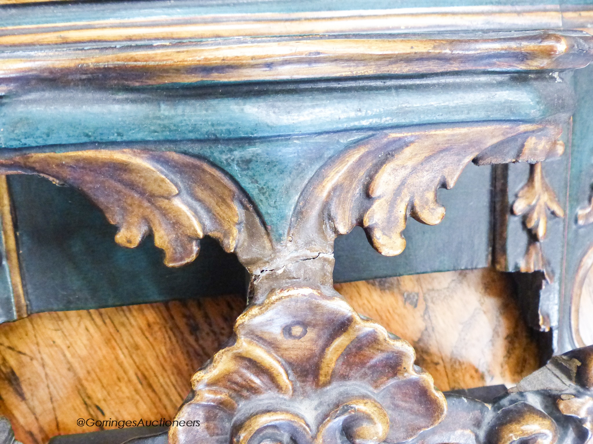 An Iberian green-painted and parcel-gilt rectangular wall mirror,foliate-carved and pierced and - Image 3 of 4