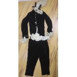 A 19th century black velvet page boys outfit with wig and lace collar, jacket - 84cm