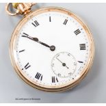 A George V 9ct gold open faced keyless lever pocket watch, case diameter 48mm,gross weight 74.1